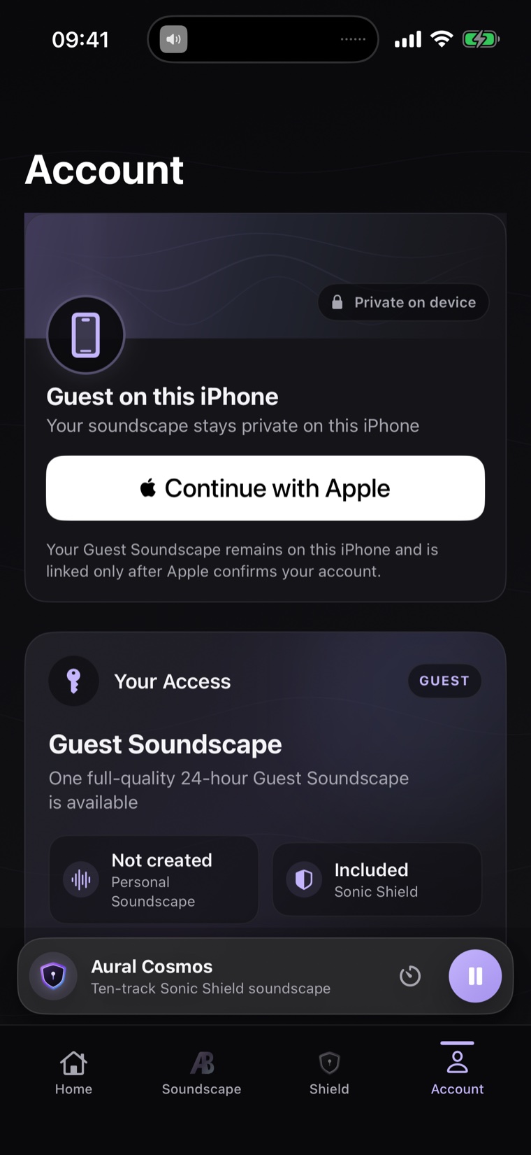 EARTUNE Account screen showing a private on-device Guest Soundscape