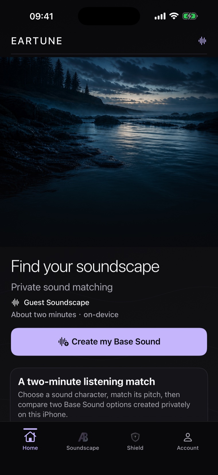 EARTUNE home screen showing Guest Soundscape creation