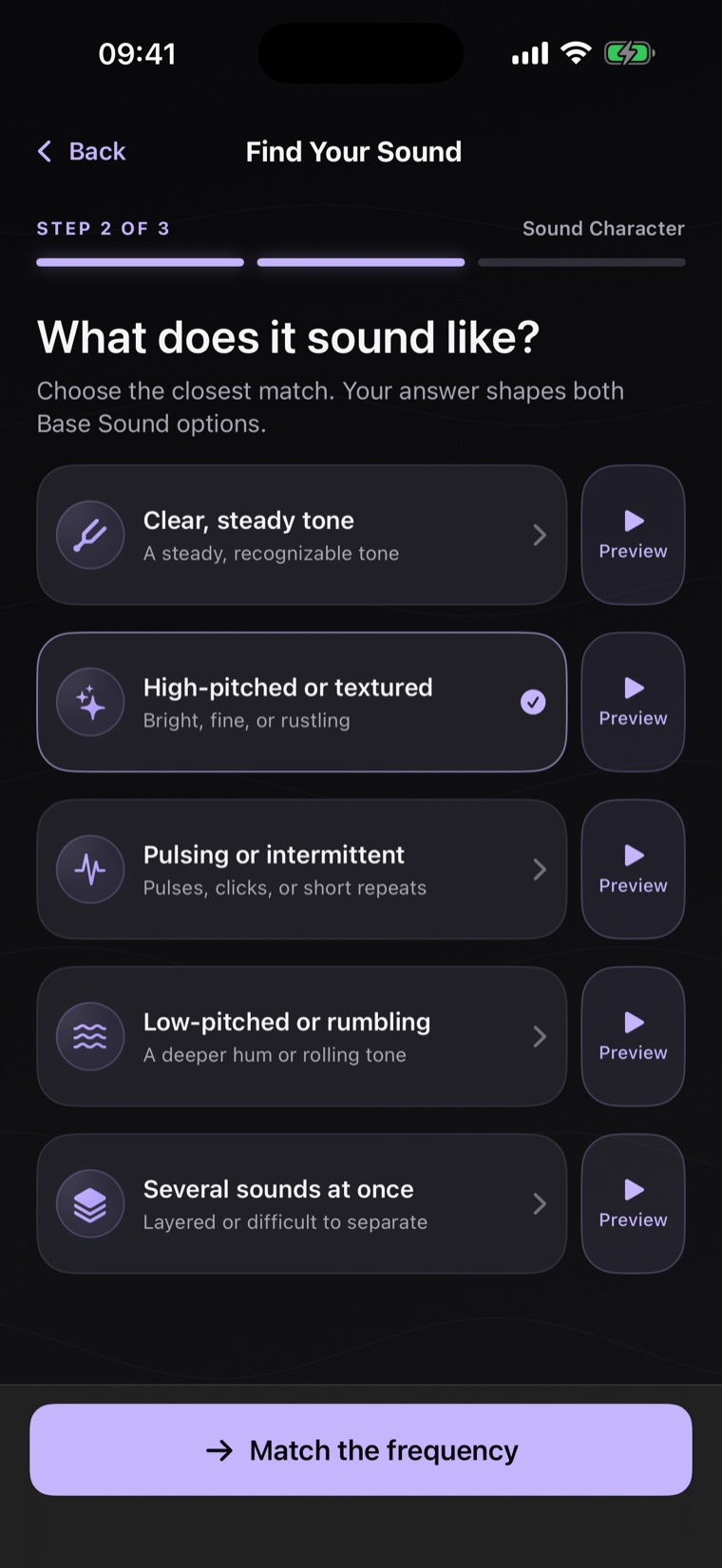 Sound Character matching screen with five previewable choices